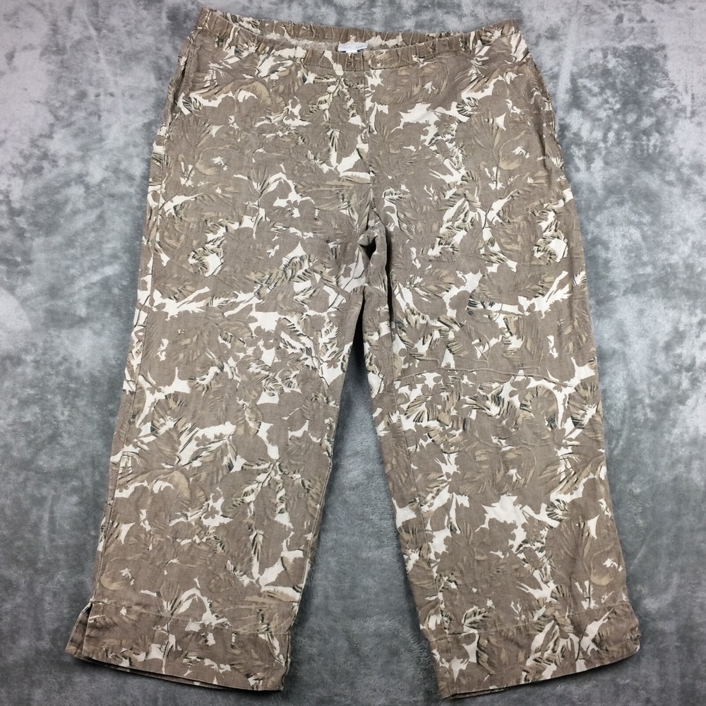 J Jill Love Linen Pants Womens Large Elastic Waist Brown Floral Pockets READ